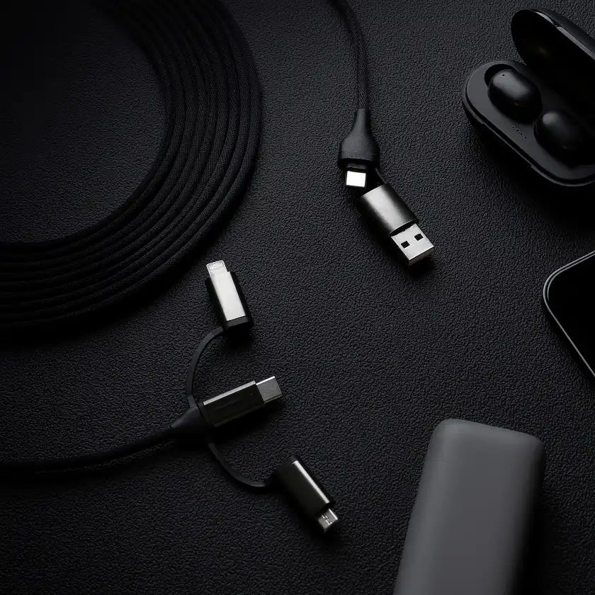 Six-In-One Multi-Format Universal Charging Cord, Dual Input Braided Multi-Tip Charge And Sync Cable With Sliding Interchangeable Connectors