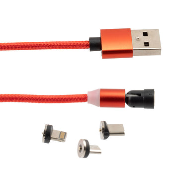 Rotatable Magnetic Braided USB 2.0 Charging Cord, 3-In-1 Multi-Tip Led Indicator Usb-A Cable With Lightning, Micro-Usb And Usb-C Adapters