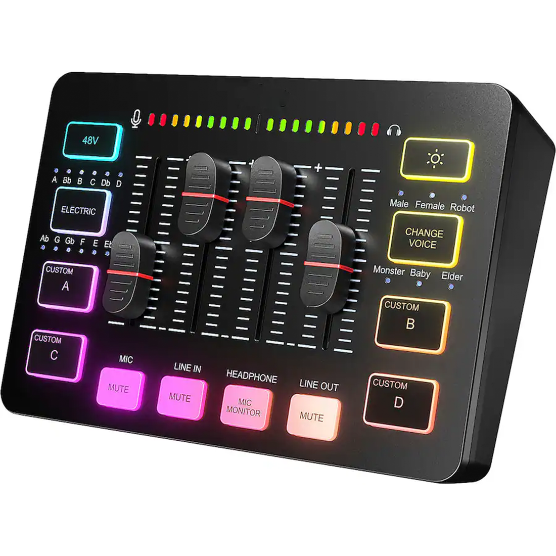 Four-Channel Usb Live Broadcast Audio Mixer Interface, Rgb Backlit Portable Sound Card With Phantom Power And Multi Voice Modulation Effects